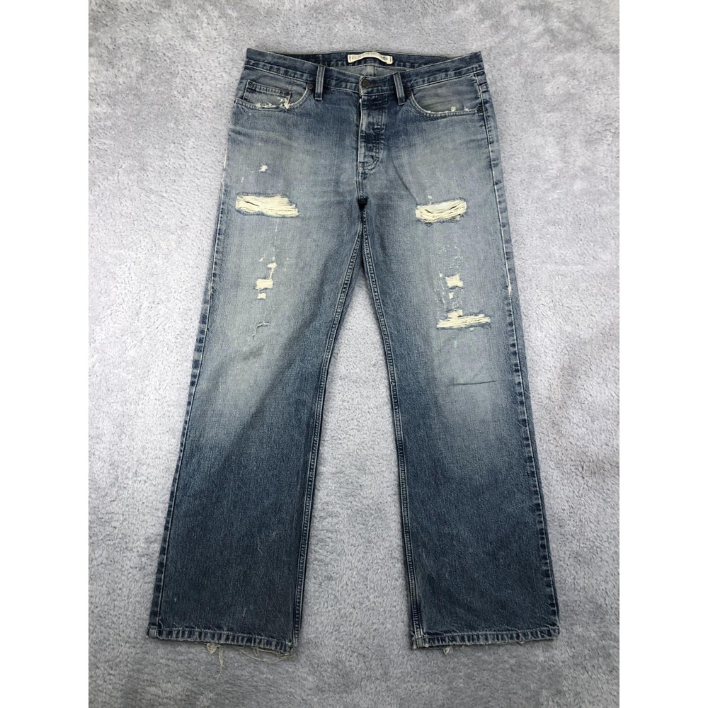 Express Jeans Mens 35x32 (Tag 34x32) Blue Precision Boot Cut Low Rise Distressed